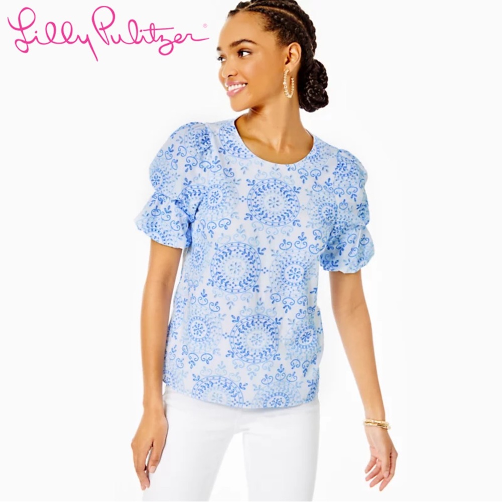 Lilly Pulitzer Lailah Short Sleeve Eyelet Top in 
Boca Blue - Size Large